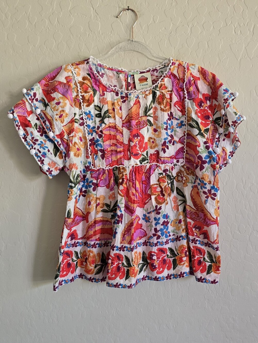 Farm Rio Spring Bananas Pom Pom Top Size Medium Tropical Floral - Picture 2 of 10